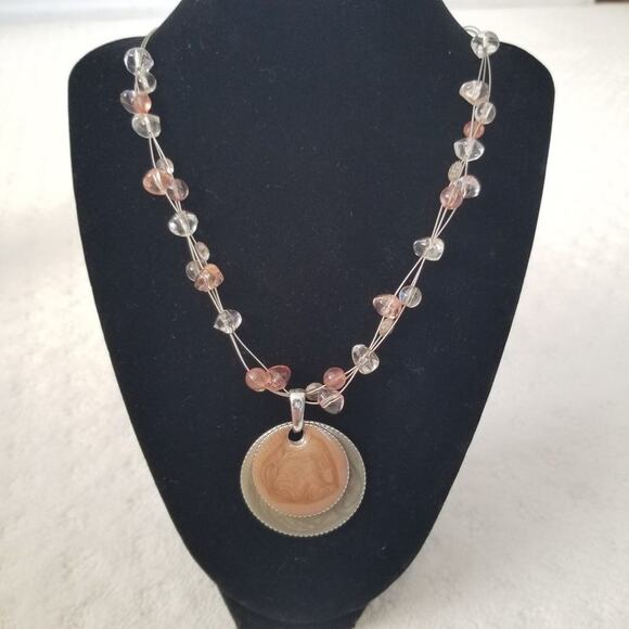 Wire Beaded‎ Double Medallion Necklace Light Brown Swirl Neutral 22-24" - Picture 1 of 6
